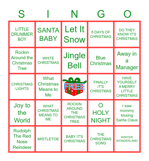 Christmas Pop Hits Bingo Card