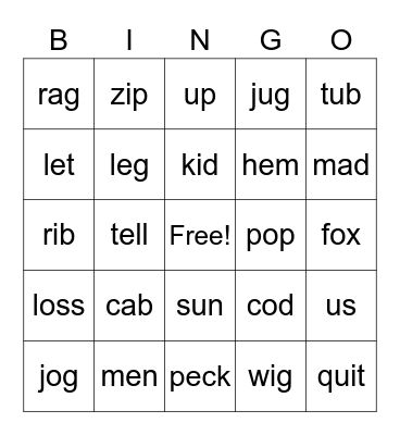 Short Vowel Bingo Card