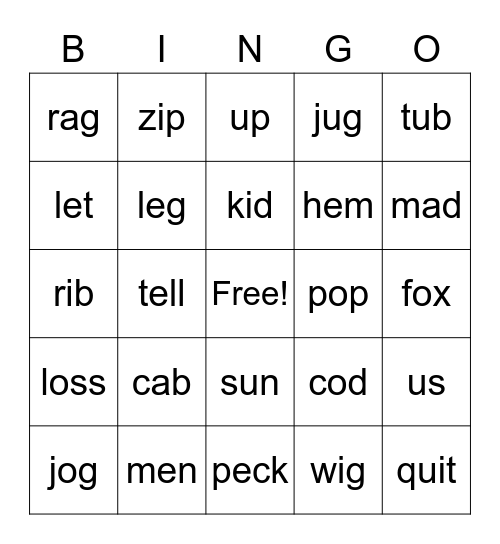Short Vowel Bingo Card