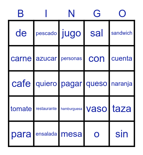 Duolingo Restaurant Bingo Card