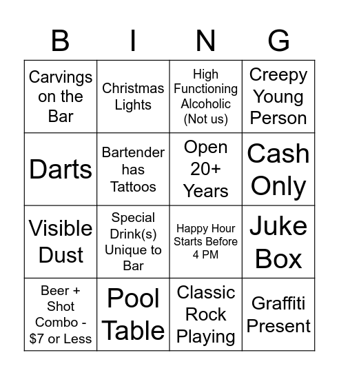 End of 2021 Dive Bar Crawl - LES Edition Bingo Card