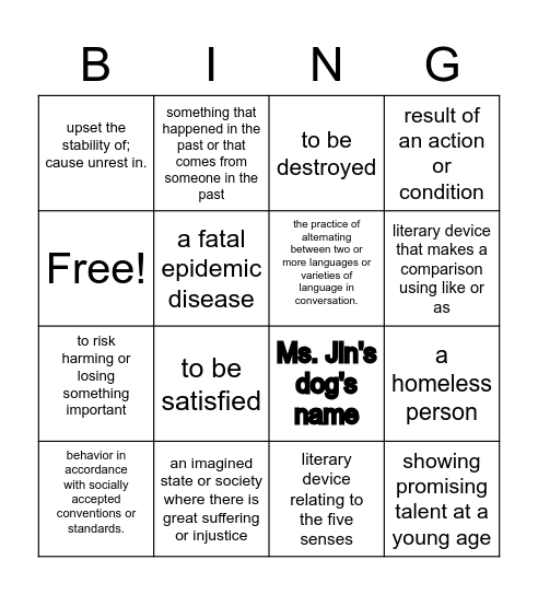 Vocabulary Review Bingo Card