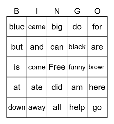 Sight Words Bingo Card