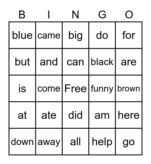 Sight Words Bingo Card