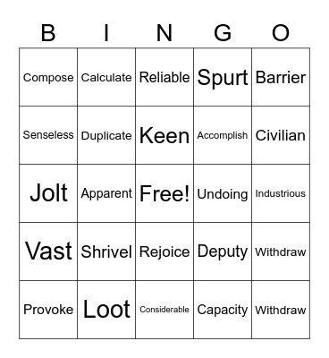 Vocabulary Unit 7 Bingo Card