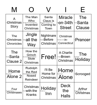 Christmas Movies Bingo Card