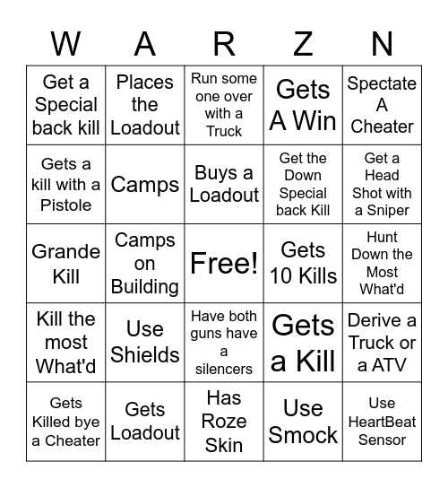 War Zone Spectating Bingo Card