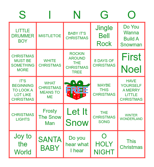 Christmas Pop Hits Bingo Card