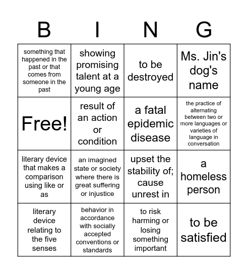 Vocabulary Review 2 Bingo Card