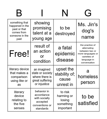 Vocabulary Review 3 Bingo Card