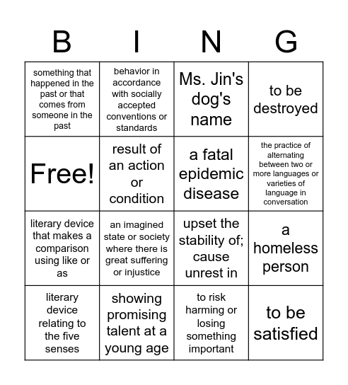 Vocabulary Review 3 Bingo Card