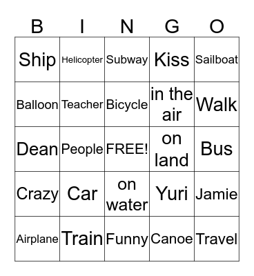 Yuri, Dean, and Jamie Travel Bingo Card