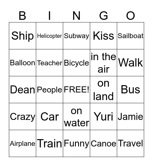 Yuri, Dean, and Jamie Travel Bingo Card