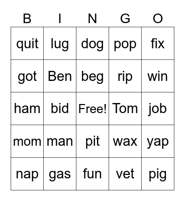 "Short Vowel" Bingo Card