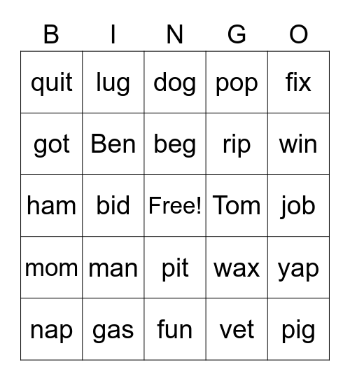 "Short Vowel" Bingo Card