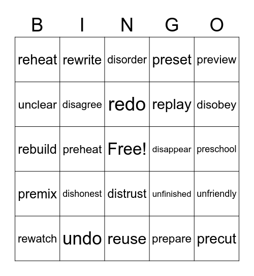 Prefixes Bingo Card