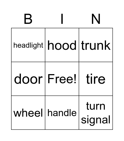 Car PArts  Bingo Card