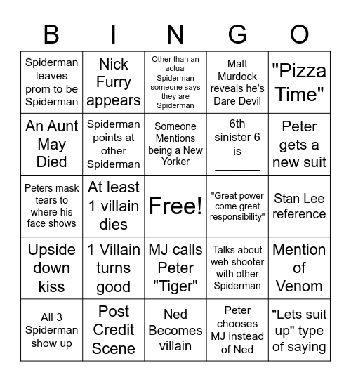 No Way Home Guesses Bingo Card