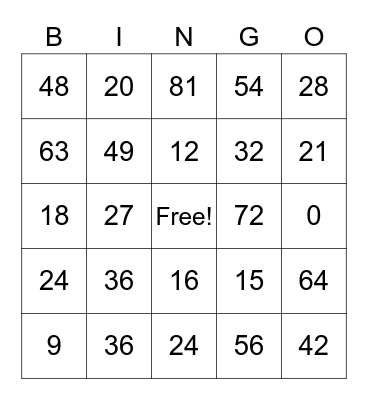 Multiplication  Bingo Card