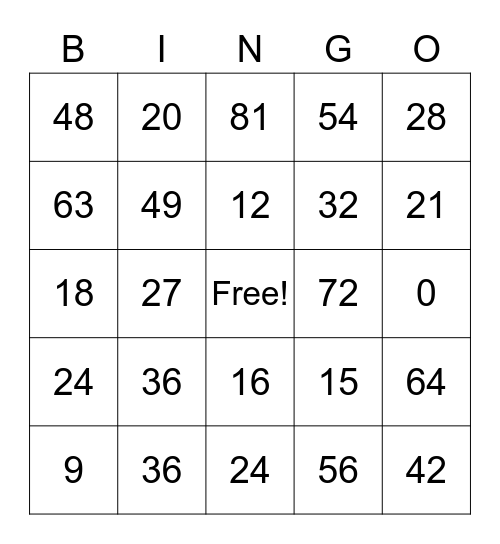 Multiplication  Bingo Card