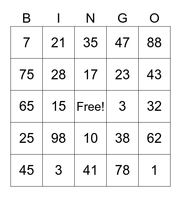 Numbers Fun Bingo Card