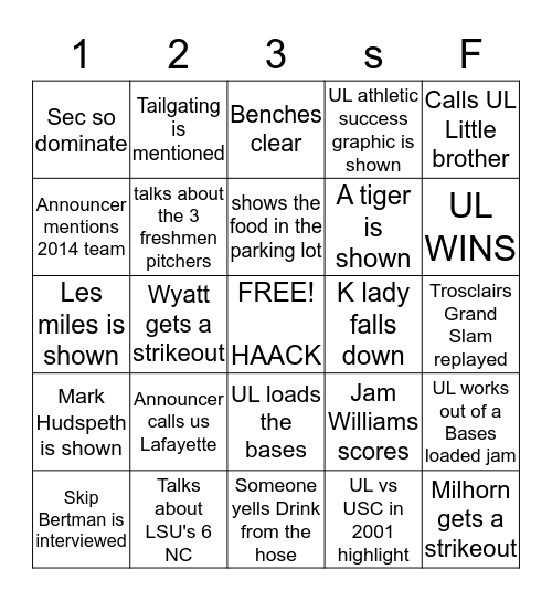 UL vs L-A&M Drinking Game Bingo Card