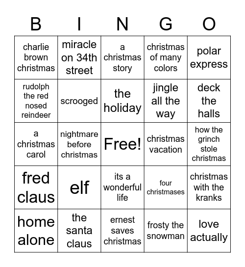 Christmas movie Bingo Card