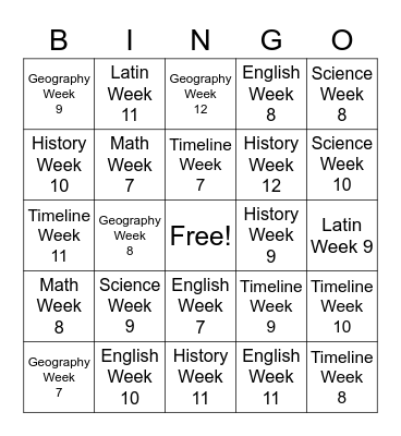 Memory Work Review Weeks 7-12 Bingo Card