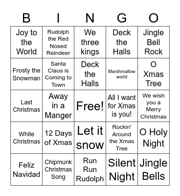 Christmas Songs Bingo Card