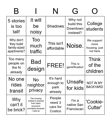 NIMBY BINGO Card