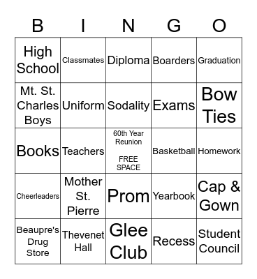 St. Clare High School  Bingo Card