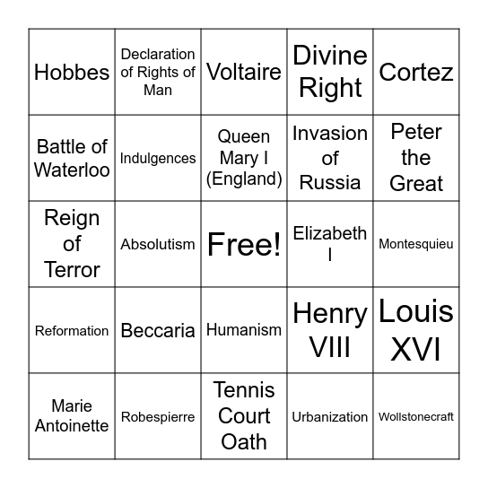 Exam Review Bingo Card