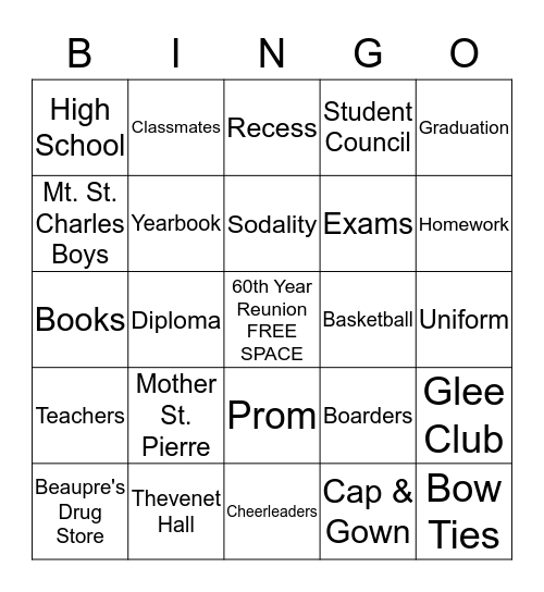 St. Clare High School Bingo Card