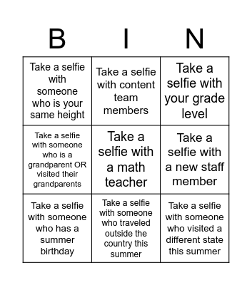 Selfie Bingo Card