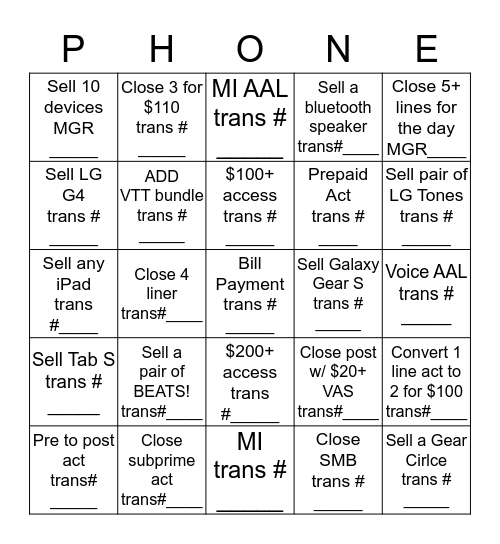T-Mobile Bingo Card