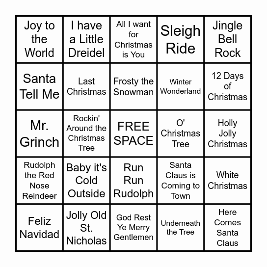 Holiday Song BINGO Card