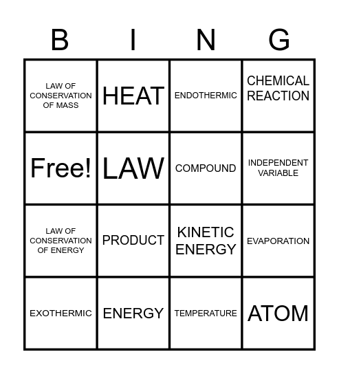 Ch 2 Energy and Matter Bingo Card