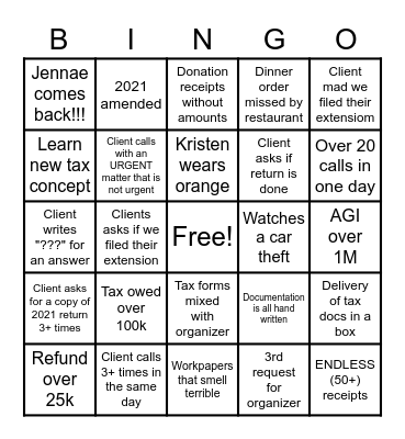 Tax Season (Admin) Bingo Card
