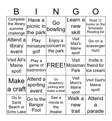 Nason Summer Fun Bingo Card
