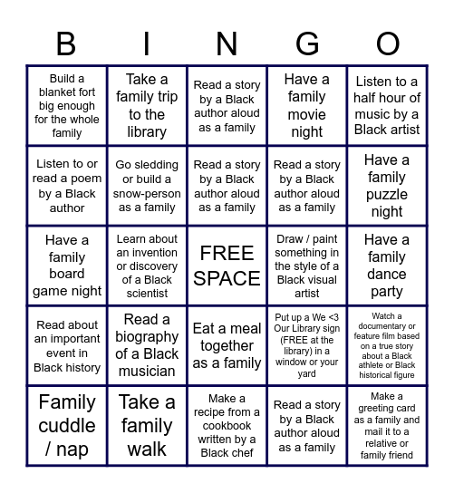 Family Winter Reading Challenge Bingo Card