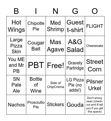 PIES & PINTS BINGO FUN Bingo Card