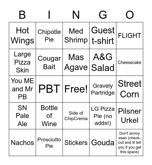 PIES & PINTS BINGO FUN Bingo Card