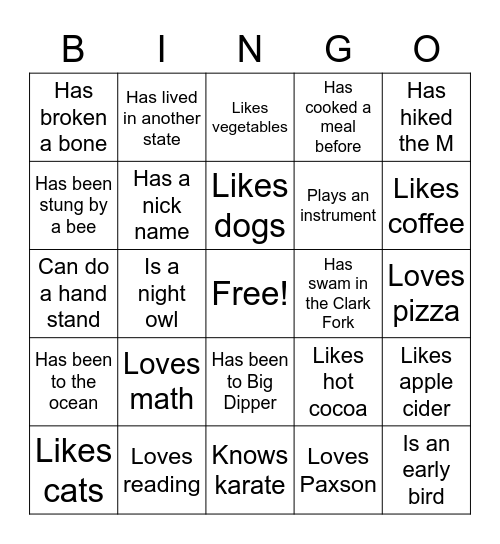 Winter Bing Bingo Card