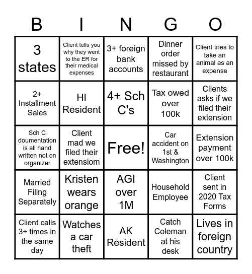 Tax Season (Individual) Bingo Card