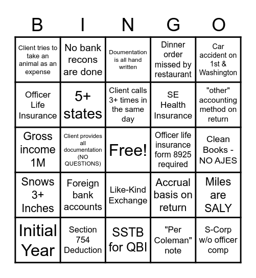 Tax Season (Entity) Bingo Card