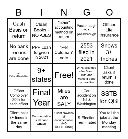 Tax Season (Entity) Bingo Card