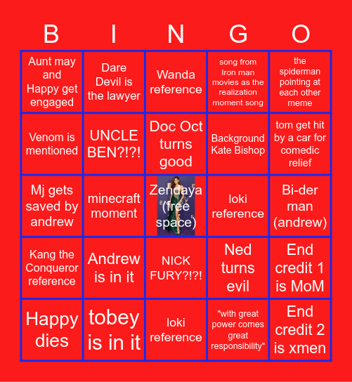 Spiderman No Way Home Bingo Card