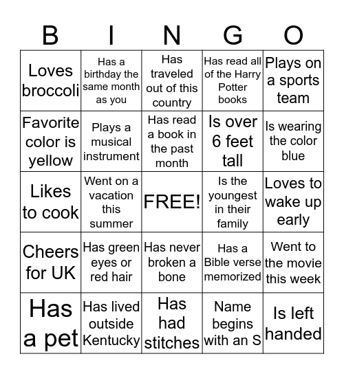 Get to Know You Bingo Card