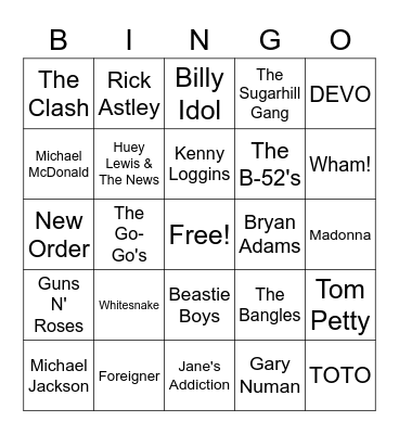 80's Hits Bingo Card