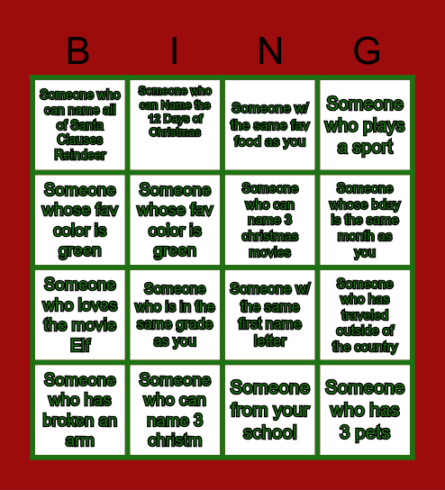 U4SS Holiday Bingo Card